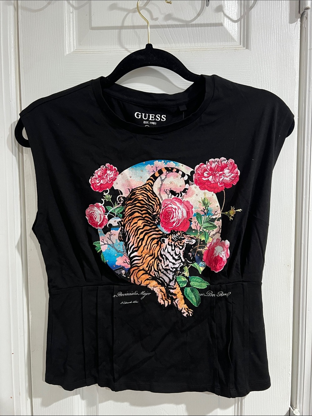 GUESS Black Tiger & Floral Graphic Short Sleeve Tee